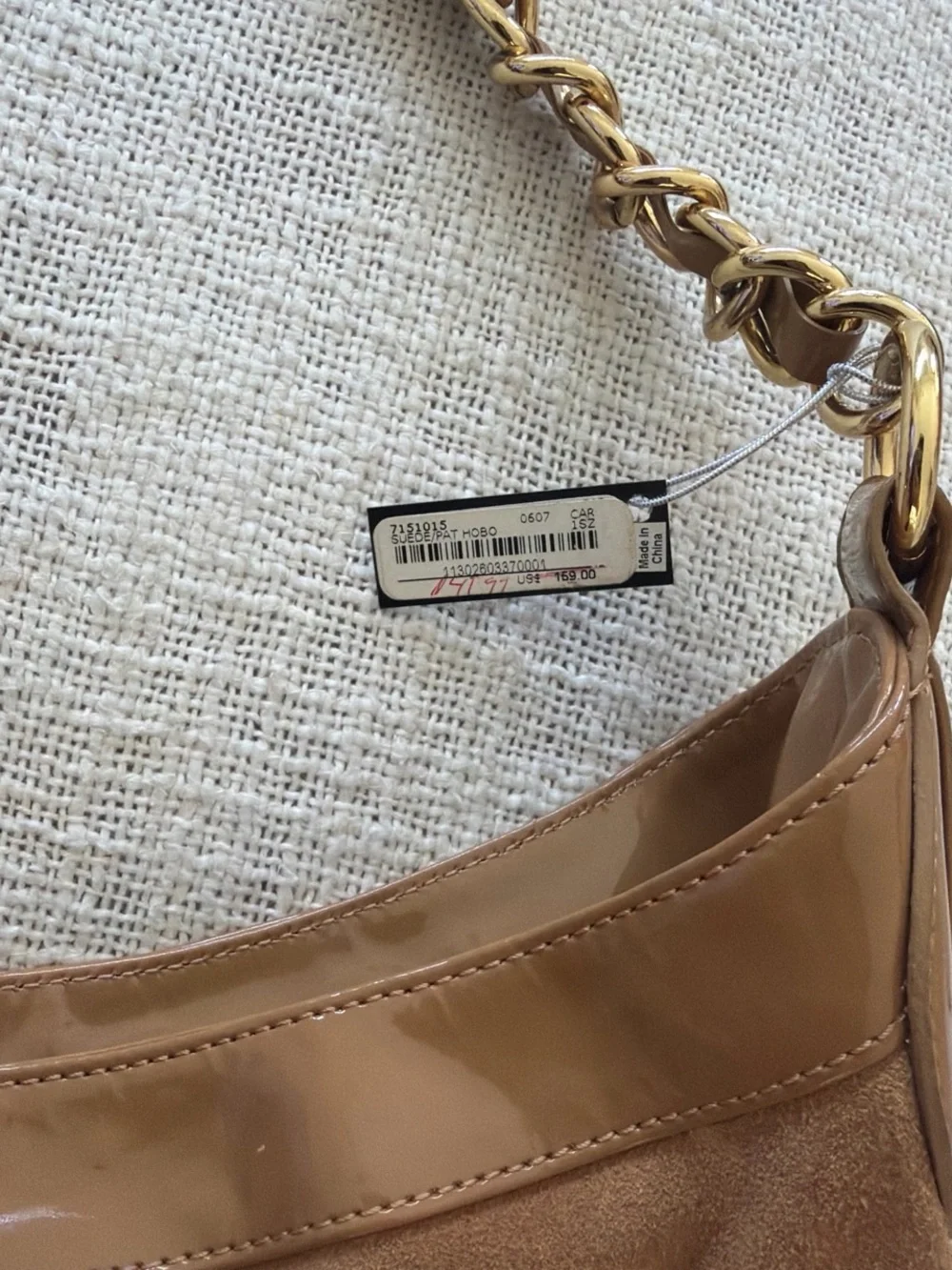 bebe Brown Suede & Patent Hobo with Gold Charm Chain